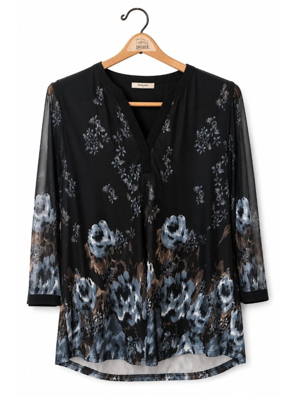 Tangsuan Womens Black Floral Print V-Neck Blouse With Sheer Sleeves 3/4 Length L - Picture 1 of 2